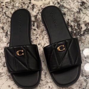 Coach Black Quilted Leather Slide Sandals with Gold C Logo..size 6